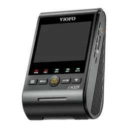 VIOFO A329S com tela frontal, botões REC e MIC, LEDs PWR/REC/GPS/MIC/Wi-Fi, slot microSD e design compacto em cinza, ventilação lateral e porta USB-C