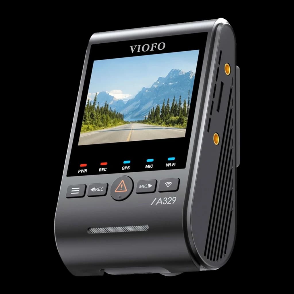 VIOFO A329S câmara de bordo compacta com tela colorida, botões frontais, LEDs de status e corpo preto com ranhuras laterais; design robusto e moderno