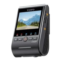 VIOFO A329S câmara de bordo compacta com tela colorida, botões frontais, LEDs de status e corpo preto com ranhuras laterais; design robusto e moderno