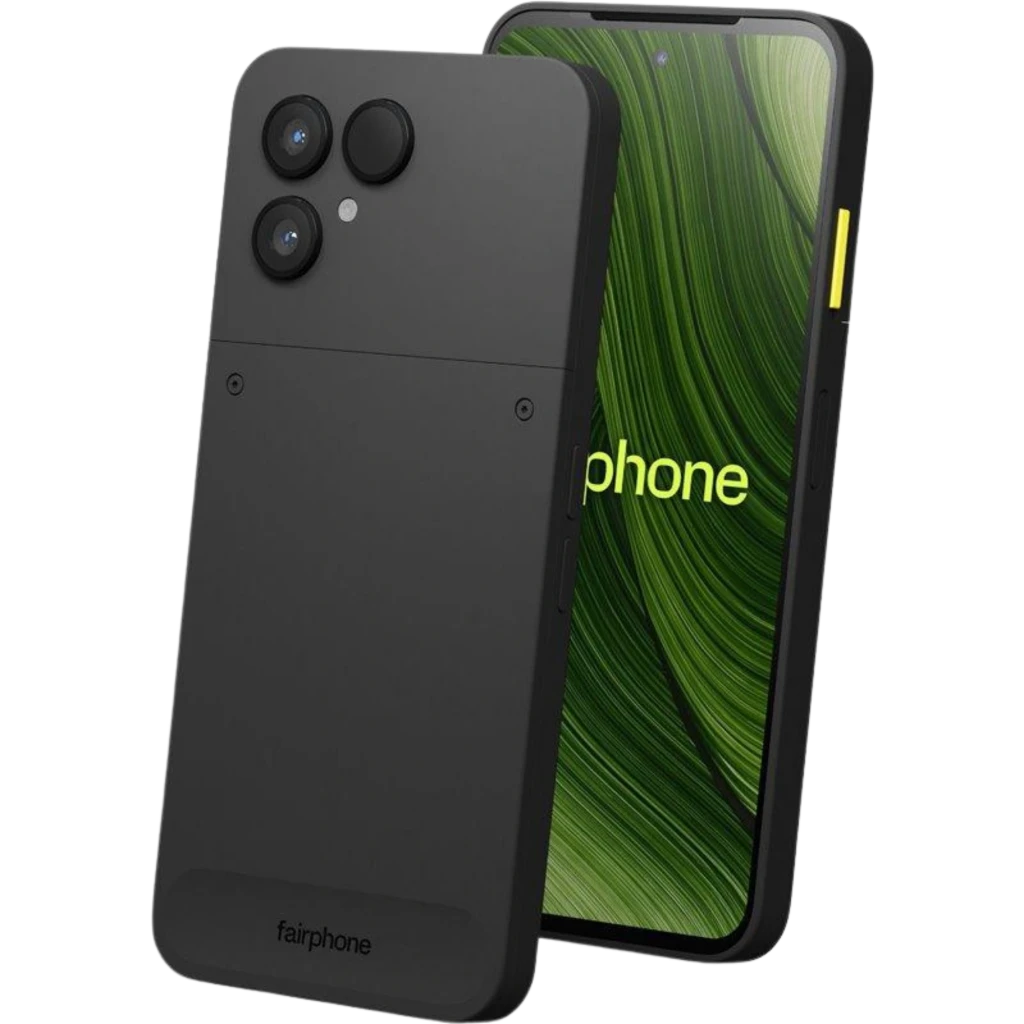 Fairphone 6 5G noir avec écran pOLED 6,31 pouces bord fin, double module photo arrière proéminent, bouton latéral jaune, design sobre et durable - Ítem2