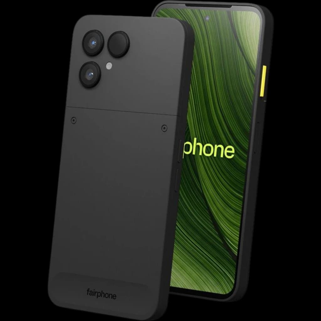 Fairphone 6 5G negro con pantalla pOLED 6,31 pulgadas, marco robusto, botón lateral amarillo y doble cámara trasera grande con flash y sensor adicional