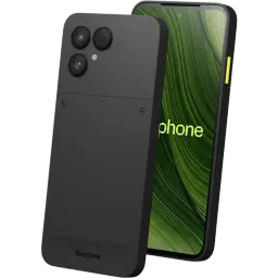 Fairphone 6 5G negro con pantalla pOLED 6,31 pulgadas, marco robusto, botón lateral amarillo y doble cámara trasera grande con flash y sensor adicional