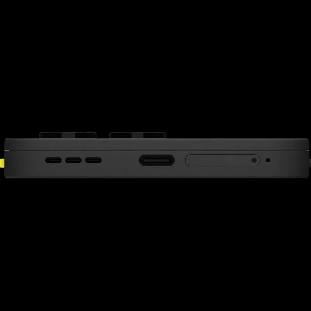 Borde lateral del Fairphone 6 5G negro con módulo de cámara sobresaliente, ranura SIM, puerto USB‑C y rejillas de altavoz en un diseño modular y robusto
