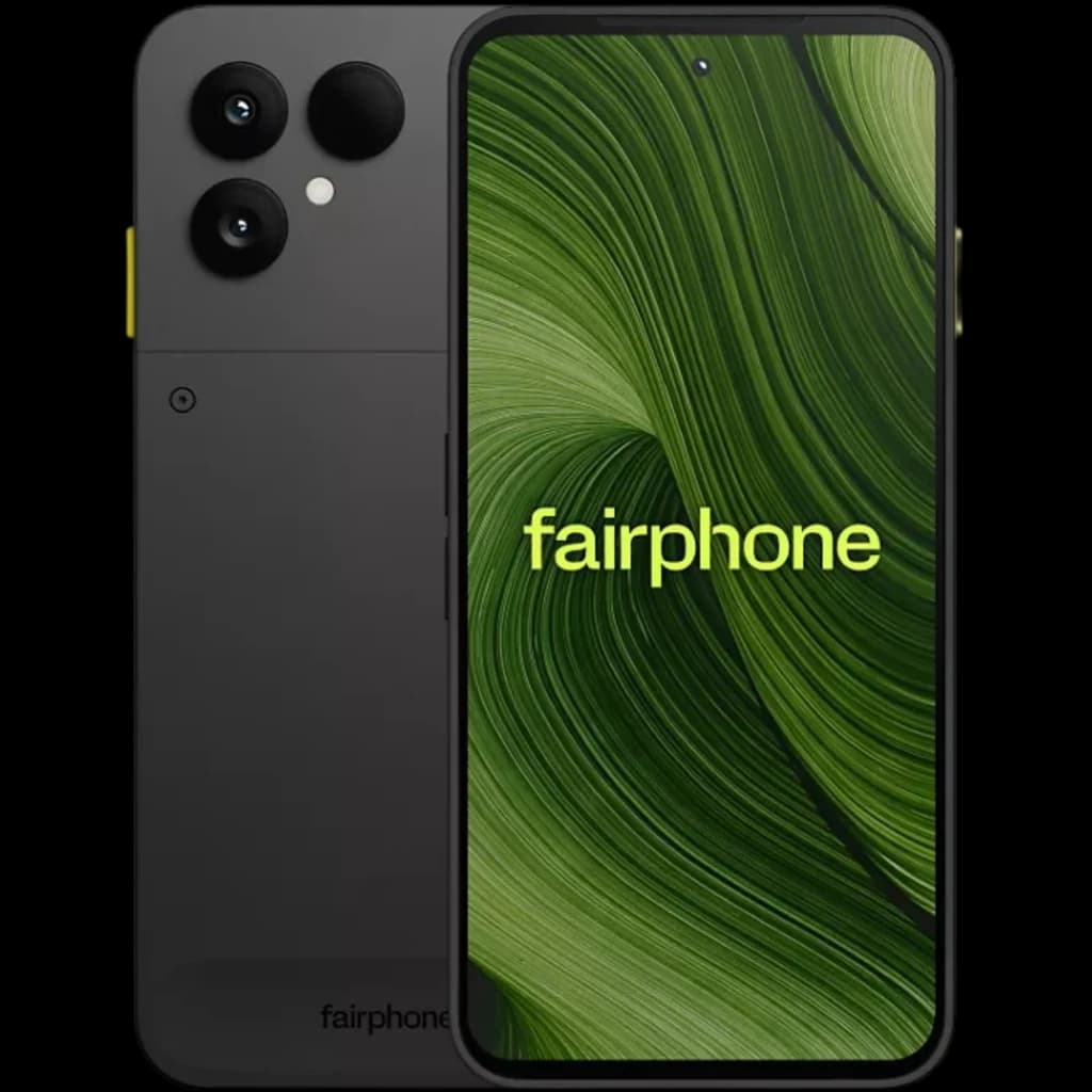 Fairphone 6 5G negro con pantalla pOLED 6,31 pulgadas, frontal con biseles finos y cámara en orificio, trasera mate con doble cámara grande y flash triple