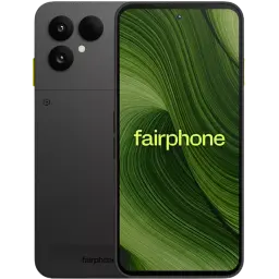 Fairphone 6 5G negro con pantalla pOLED 6,31 pulgadas, frontal con biseles finos y cámara en orificio, trasera mate con doble cámara grande y flash triple