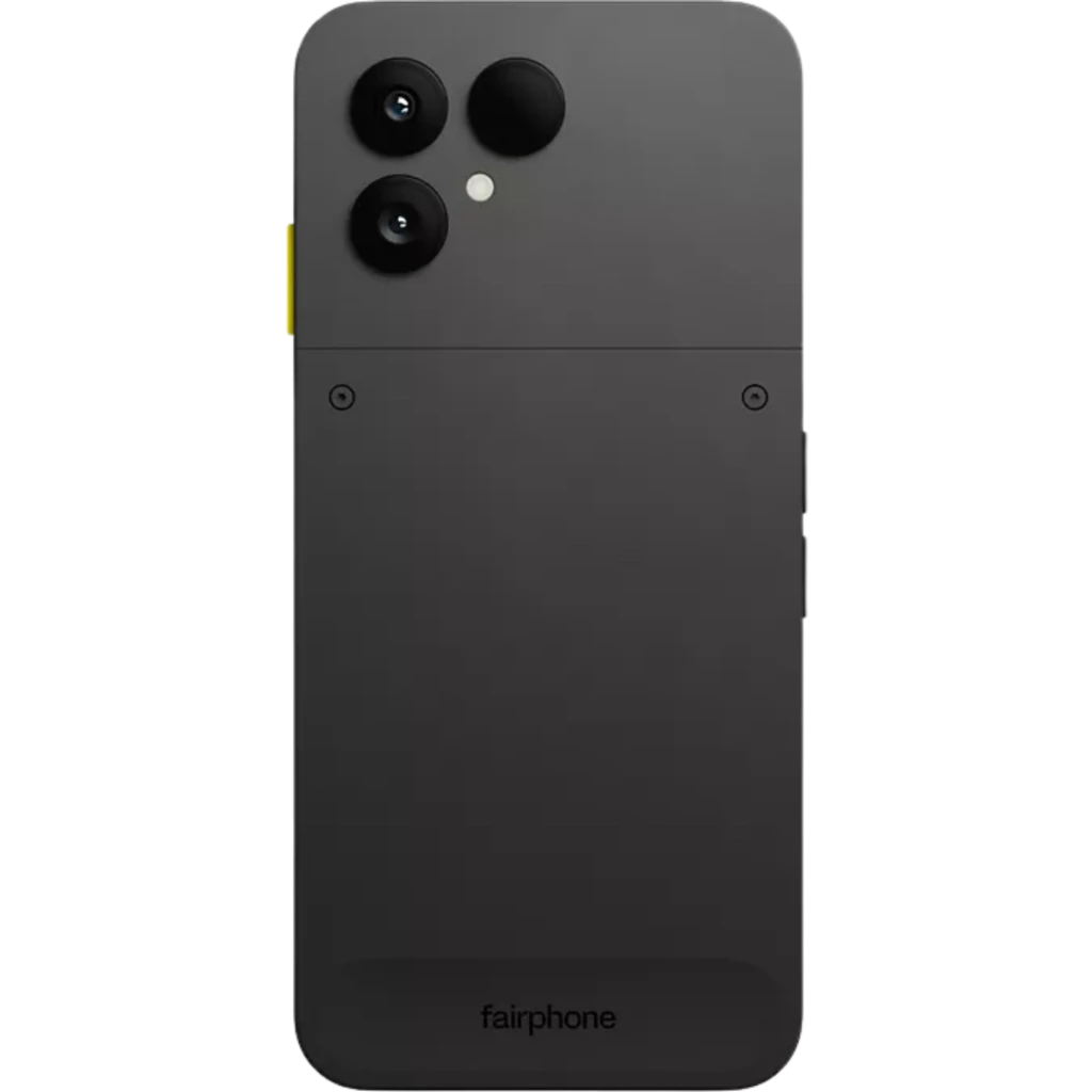 Fairphone 6 5G noir avec écran pOLED 6,31 pouces bord fin, double module photo arrière proéminent, bouton latéral jaune, design sobre et durable - Ítem5