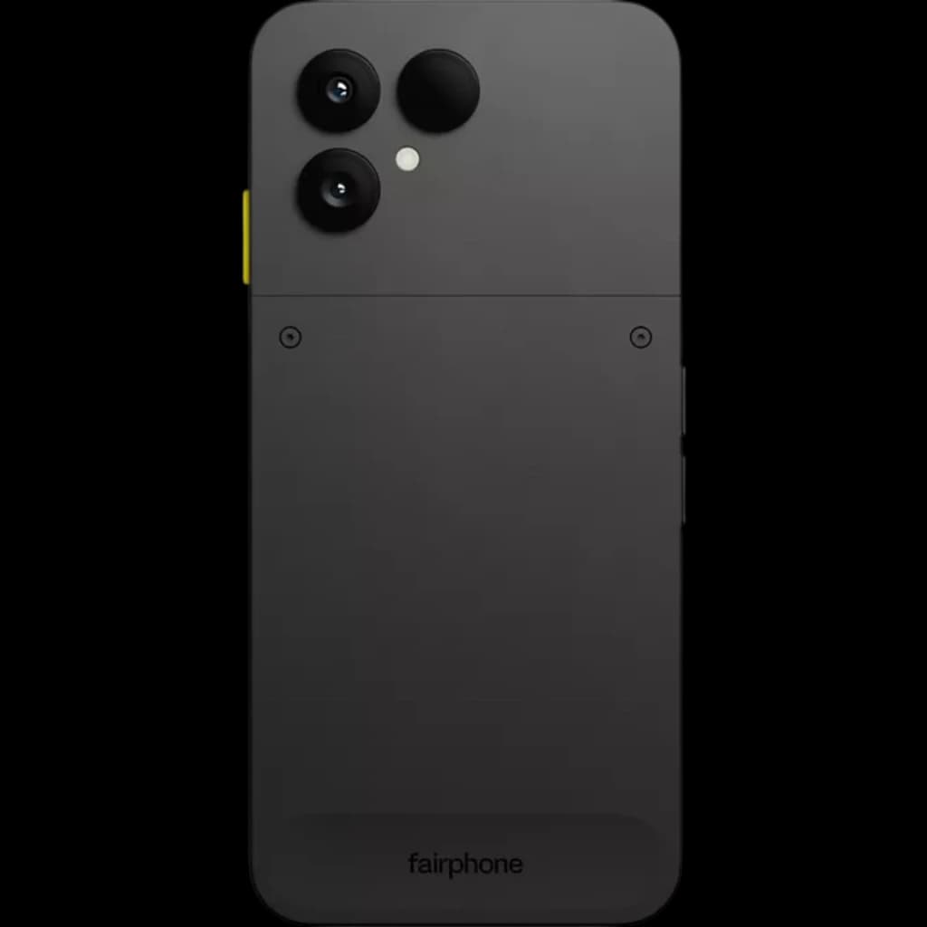 Parte trasera del Fairphone 6 5G negro con doble cámara grande, flash y diseño modular con tornillos visibles; botón lateral amarillo contrastante