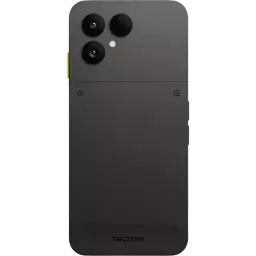 Parte trasera del Fairphone 6 5G negro con doble cámara grande, flash y diseño modular con tornillos visibles; botón lateral amarillo contrastante