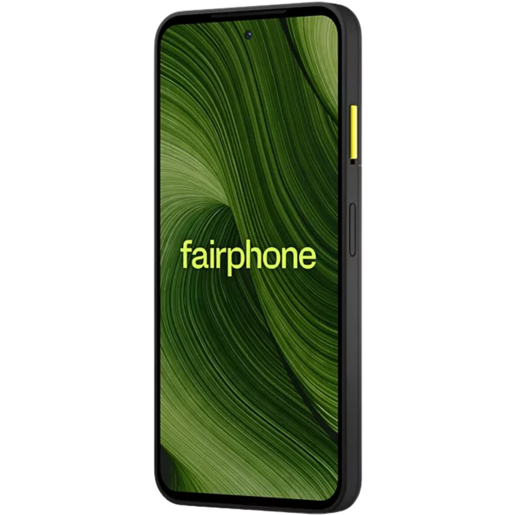 Fairphone 6 5G noir avec écran pOLED 6,31 pouces bord fin, double module photo arrière proéminent, bouton latéral jaune, design sobre et durable - Ítem4