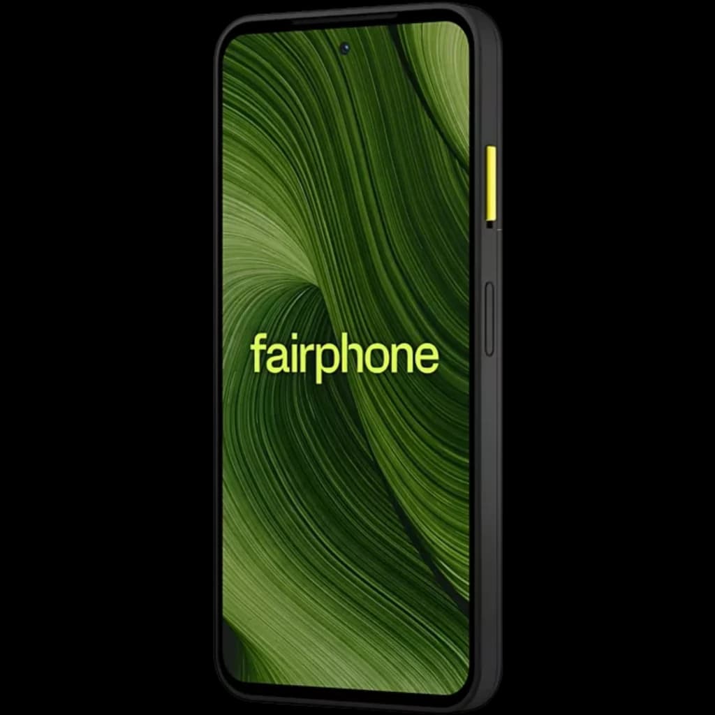 Fairphone 6 5G negro con pantalla pOLED 6,31 pulgadas, borde negro y botón lateral amarillo, diseño sobrio y moderno, 256 GB y 8 GB RAM visibles en nombre