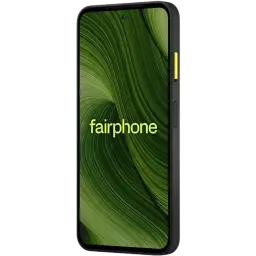 Fairphone 6 5G negro con pantalla pOLED 6,31 pulgadas, borde negro y botón lateral amarillo, diseño sobrio y moderno, 256 GB y 8 GB RAM visibles en nombre