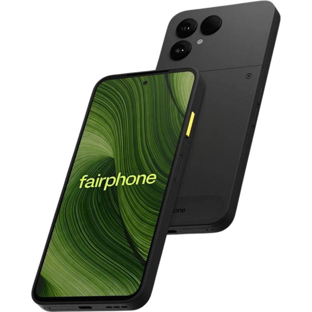 Fairphone 6 5G noir avec écran pOLED 6,31 pouces bord fin, double module photo arrière proéminent, bouton latéral jaune, design sobre et durable - Ítem1