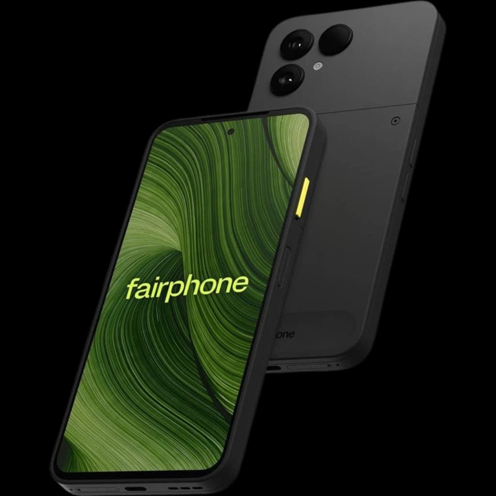 Fairphone 6 5G negro con pantalla pOLED 6,31, marco robusto, botón lateral amarillo y doble cámara trasera grande; 8 GB RAM y 256 GB de almacenamiento