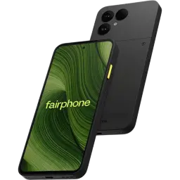 Fairphone 6 5G negro con pantalla pOLED 6,31, marco robusto, botón lateral amarillo y doble cámara trasera grande; 8 GB RAM y 256 GB de almacenamiento