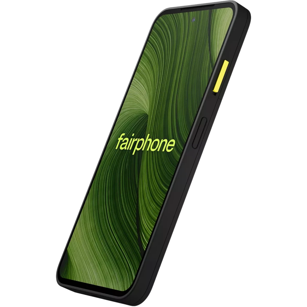 Fairphone 6 5G noir avec écran pOLED 6,31 pouces bord fin, double module photo arrière proéminent, bouton latéral jaune, design sobre et durable - Ítem3