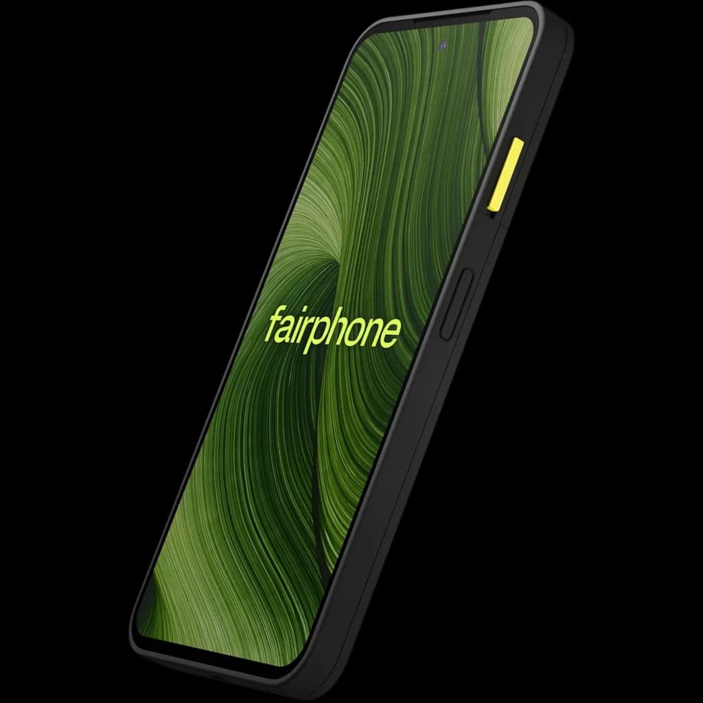 Smartphone negro con pantalla pOLED 6,31 pulgadas sin biseles, borde robusto, botón lateral amarillo y lector de huellas; diseño Fairphone 6 5G 256 GB 8 GB