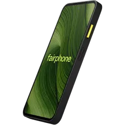 Smartphone negro con pantalla pOLED 6,31 pulgadas sin biseles, borde robusto, botón lateral amarillo y lector de huellas; diseño Fairphone 6 5G 256 GB 8 GB