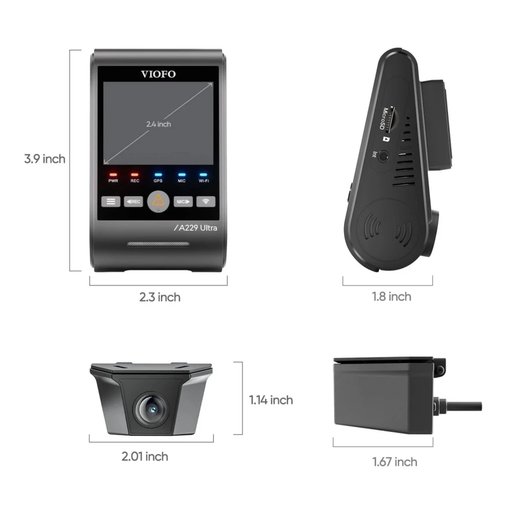 VIOFO A229 Ultra-W 2CH Dashcam 4K+4K con pantalla, botones frontales, cámaras 140° y 160°, visión nocturna, WiFi 5 GHz y cables incluidos - Ítem3