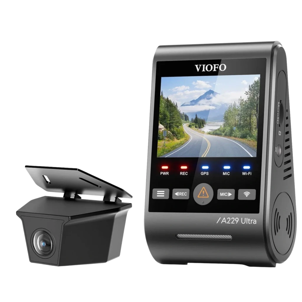 VIOFO A229 Ultra-W 2CH Dashcam 4K+4K con pantalla, botones frontales, cámaras 140° y 160°, visión nocturna, WiFi 5 GHz y cables incluidos - Ítem1