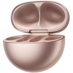HUAWEI FreeClip Rose Gold étui de charge ovale, finition rose doré mate, couvercle articulé, quatre logements internes et témoin LED vert en façade