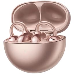 HUAWEI FreeClip Rose Gold avec boîtier arrondi rose doré, deux écouteurs ouverts en clip brillant, design ergonomique et LED d’état discrète