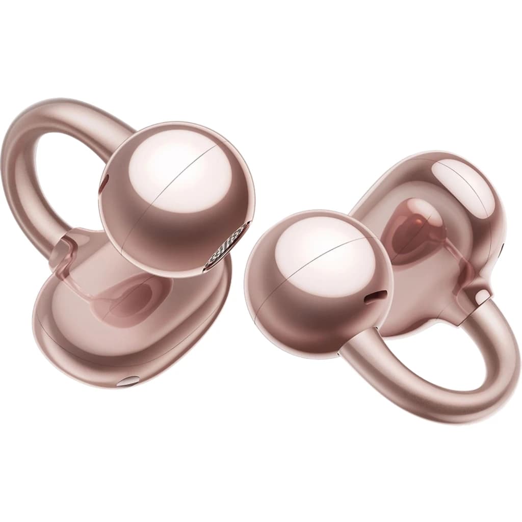HUAWEI FreeClip Rose Gold avec design open-ear en boucle, finition rose doré brillante, formes arrondies, embouts incurvés et surface lisse réfléchissante