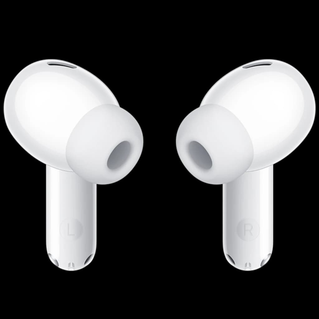 Auriculares blancos intraaurales Huawei FreeBuds SE 4 con puntas de silicona, diseño compacto tipo bastón, marcado L y R y acabado brillante