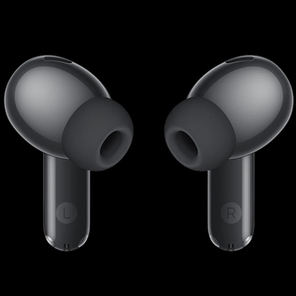 Auriculares Huawei FreeBuds SE 4 negros con diseño in-ear, cuerpo brillante y puntas de silicona; vástago corto con marcas L y R, estilo compacto y moderno