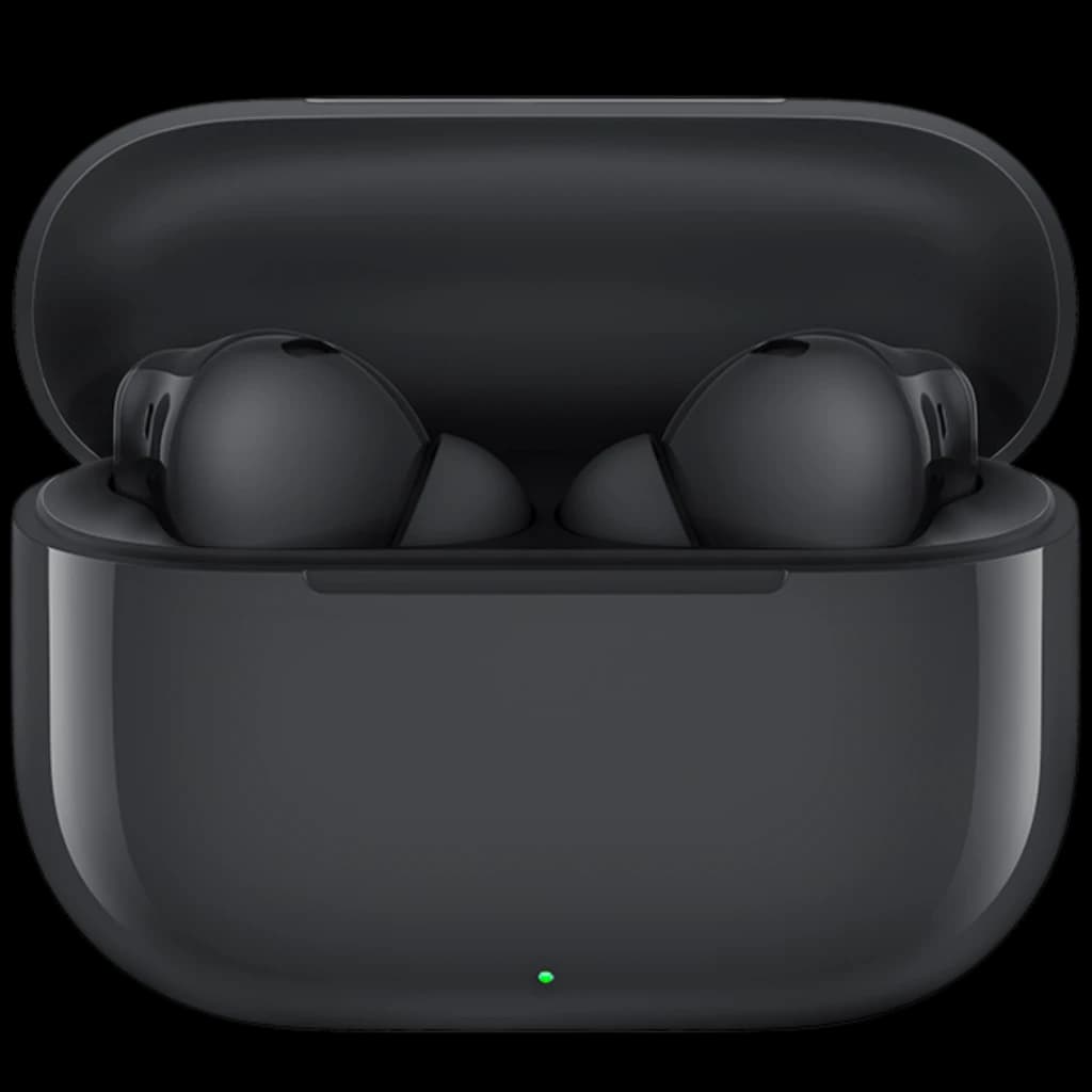 Estuche negro brillante con auriculares Huawei FreeBuds SE 4, diseño compacto intraaural, indicador LED frontal, acabado suave y forma ergonómica