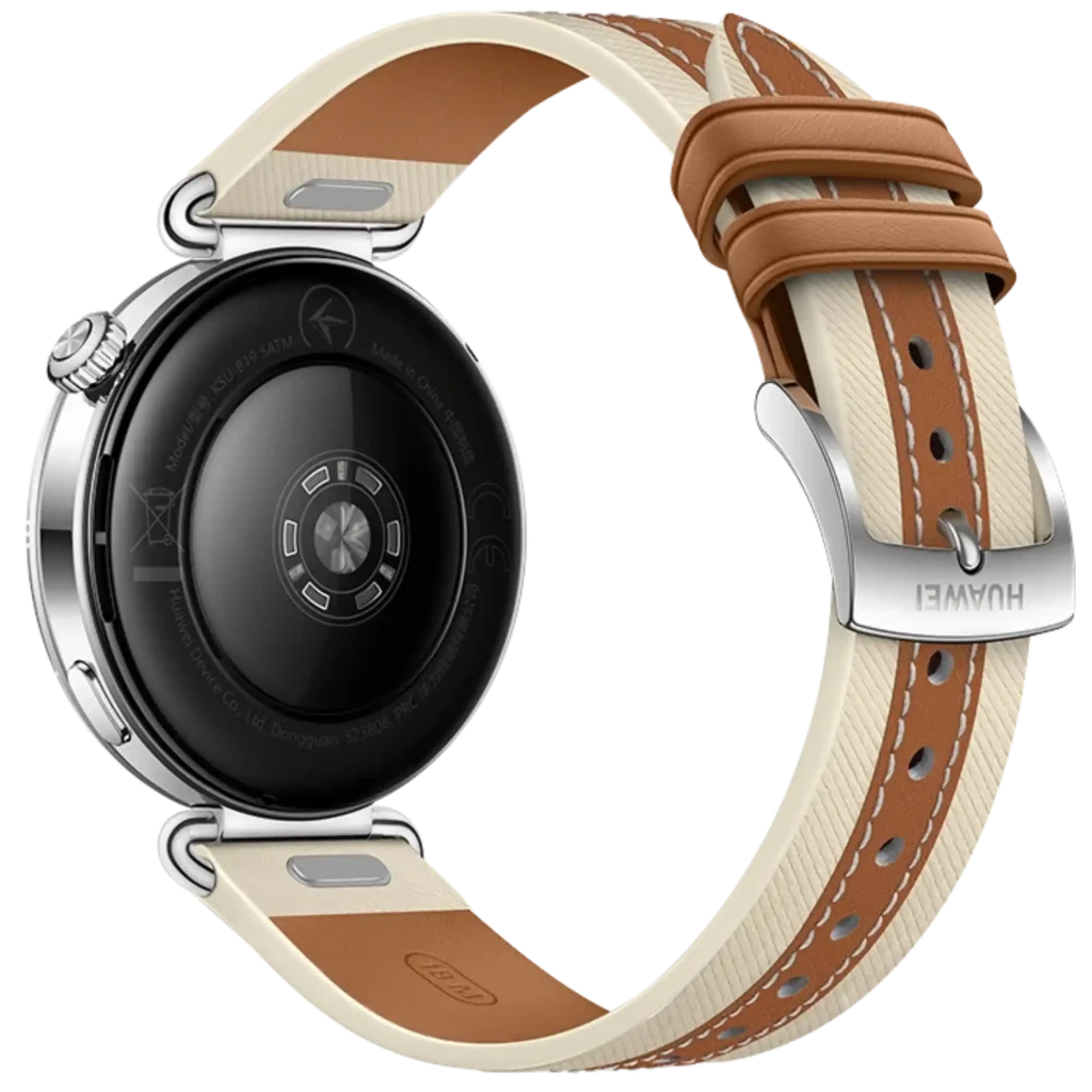 Huawei Watch GT6 41 mm Castanho com caixa prateada, mostrador dourado elegante e bracelete de couro castanho e bege com costuras contrastantes - Item5