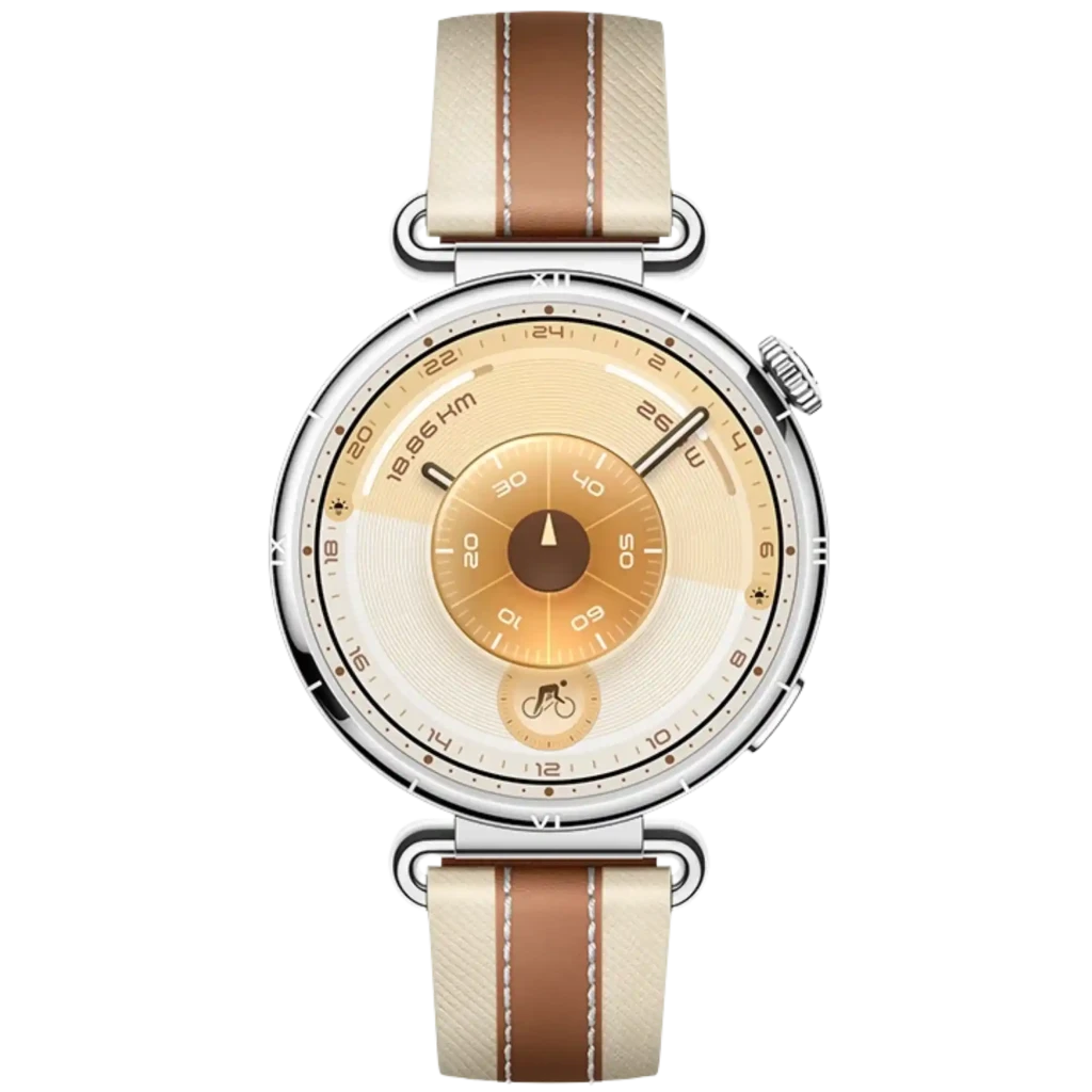 Huawei Watch GT6 41 mm Castanho com caixa prateada, mostrador dourado elegante e bracelete de couro castanho e bege com costuras contrastantes - Item6