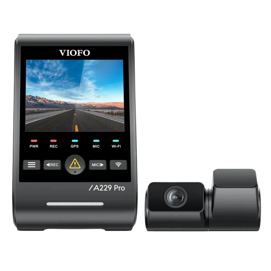 VIOFO A229 Pro Tele 3CH Dashcam 4K+2K+1080p con pantalla a color, botones LED, cámara trasera compacta y cables incluidos, WiFi 5 GHz, ángulo 140° - Ítem1