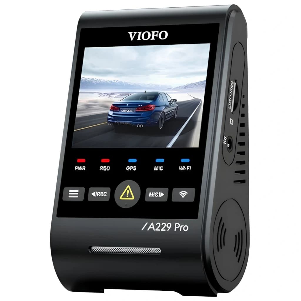 VIOFO A229 Pro Tele 3CH compacte avec écran couleur, boutons LED, micro et haut-parleur latéral, finition noire, design vertical pour tableau de bord