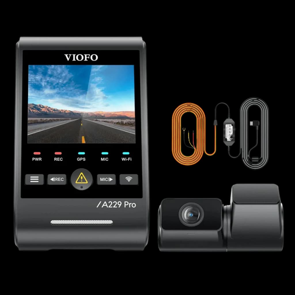 VIOFO A229 Pro Tele 3CH avec écran couleur, module caméra 4K+2K+1080p, grand angle 140°, boutons dédiés, câbles d’alimentation et GPS inclus