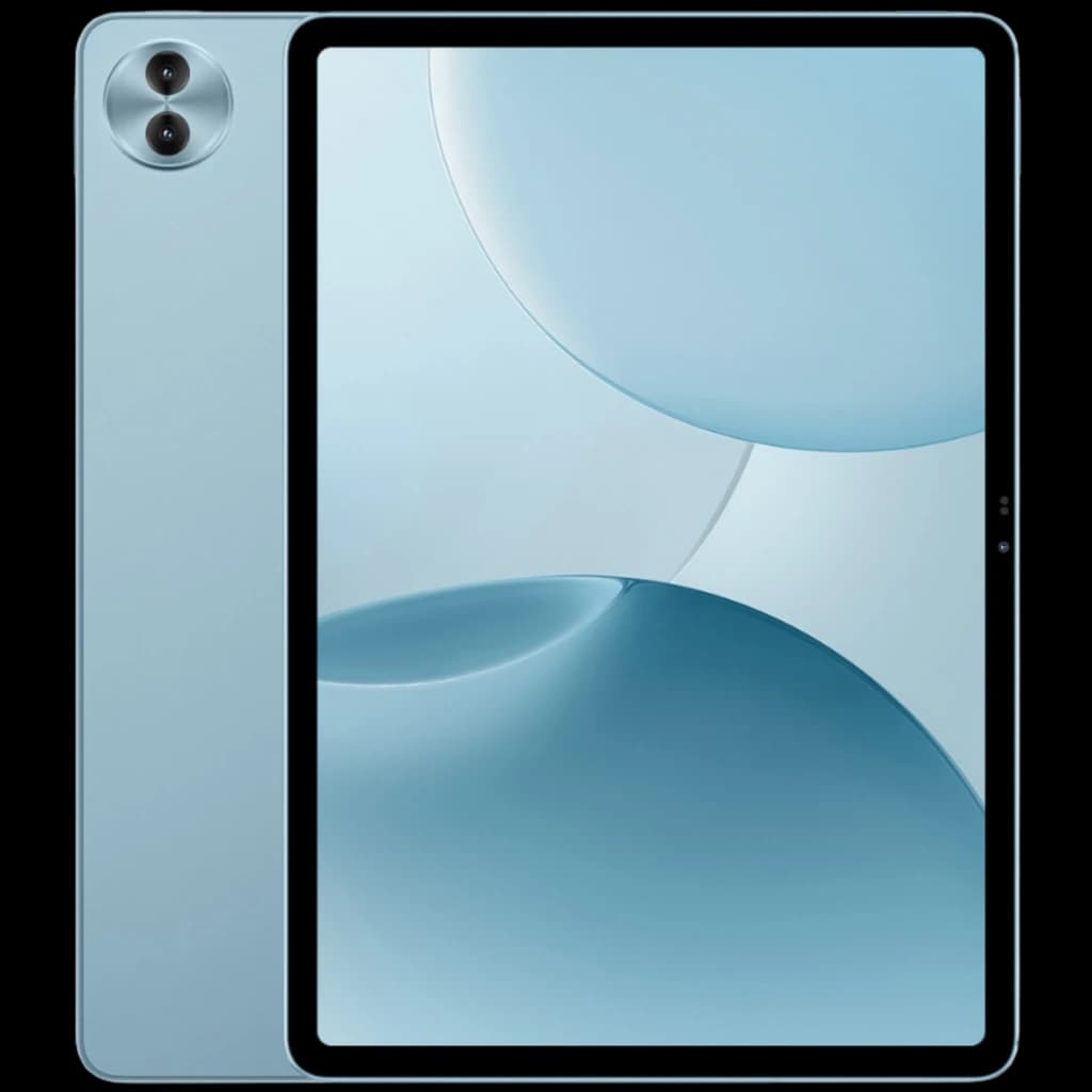 Blackview Mega 5 WiFi 6 12,2 pol azul com tela quase sem bordas, traseira fosca e módulo de câmera dupla vertical; 12 GB RAM e 256 GB armazenamento