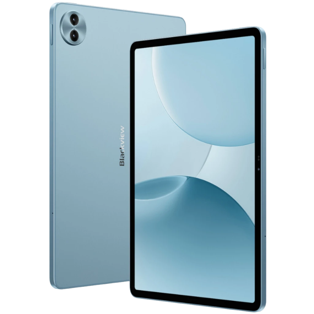 Tablet azul con pantalla 12,2 pulgadas de biseles finos, doble cámara trasera con flash, frontal centrada, chasis metálico delgado y bordes redondeados - Ítem1