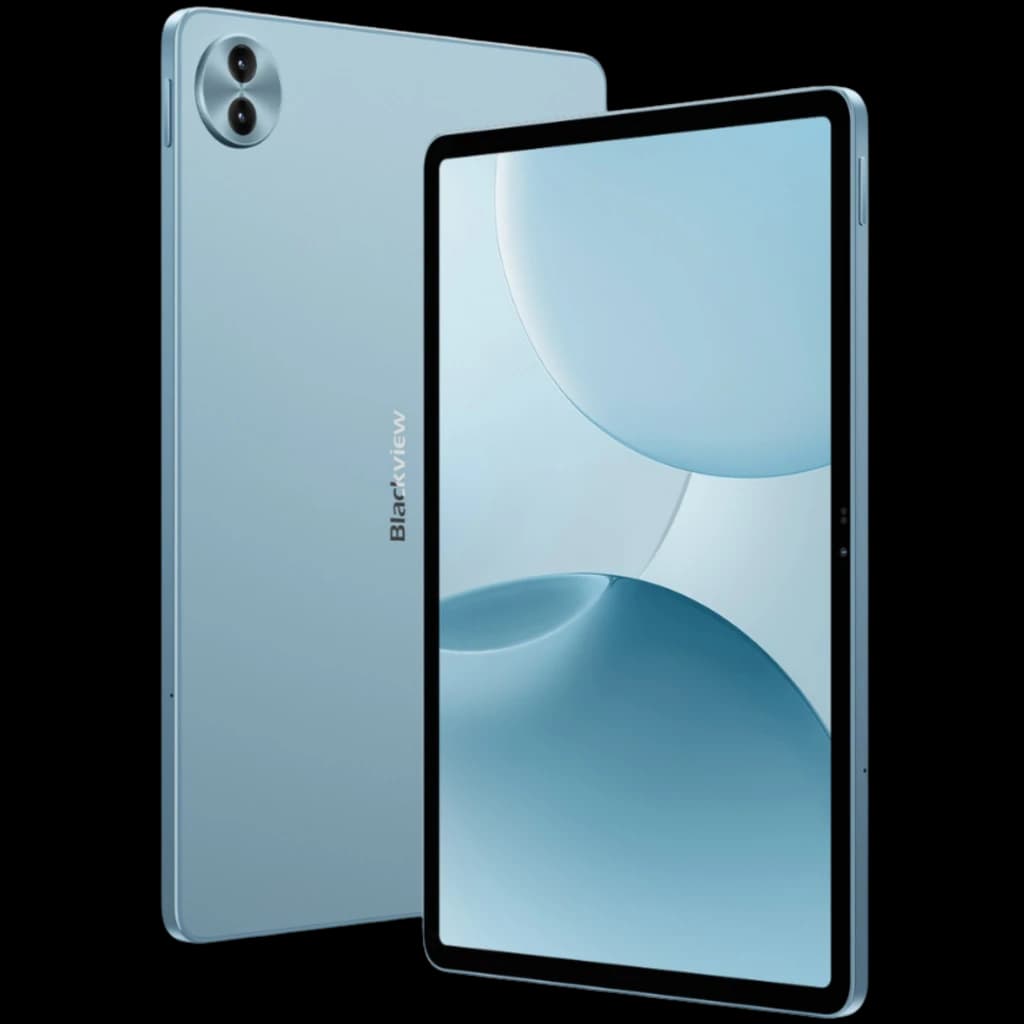 Blackview Mega 5 WiFi 6 azul com tela 12,2 polegadas, bordas finas, corpo metálico, câmera traseira única e design slim sofisticado