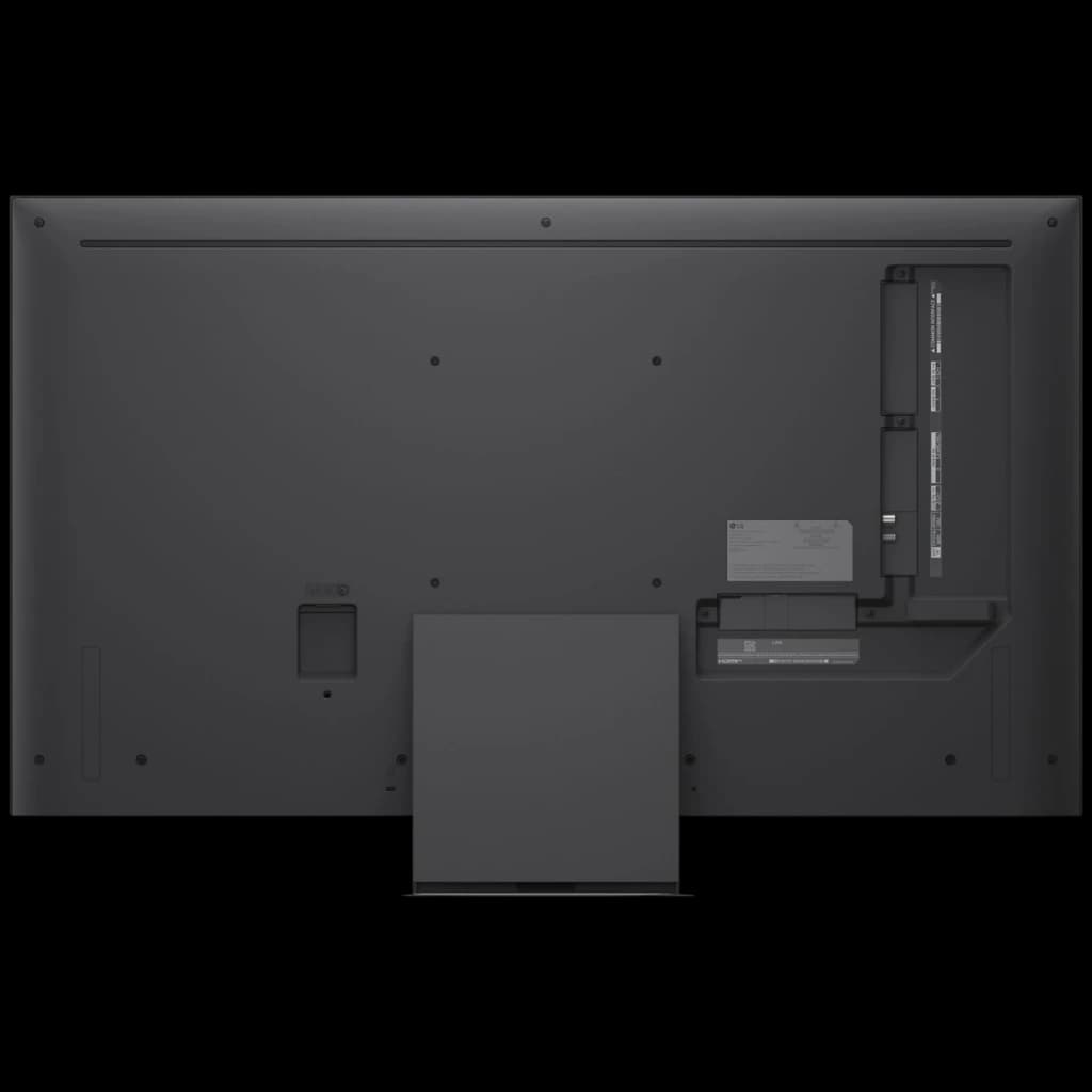 Dos du LG QNED86B6B 86 pouces noir, panneau plat avec connectiques latérales, cache câbles intégré et support central robuste, finition mate élégante