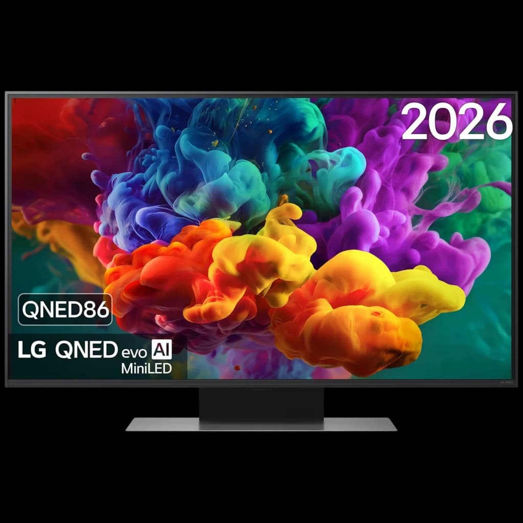 Écran LG QNED86B6B 86 pouces QNED MiniLED 4K, couleurs vives et contrastes profonds, cadre fin, pied central robuste, marquages 2026 et QNED evo AI