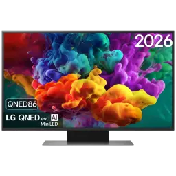 Écran LG QNED86B6B 86 pouces QNED MiniLED 4K, couleurs vives et contrastes profonds, cadre fin, pied central robuste, marquages 2026 et QNED evo AI