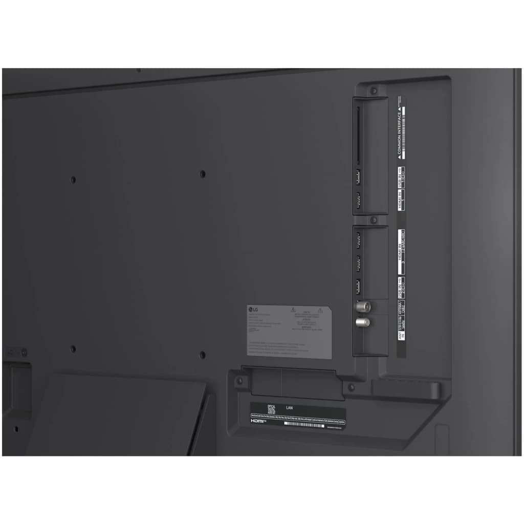 Vue arrière du LG QNED86B6B montrant le panneau de connectique latéral: ports HDMI, USB, antenne et LAN intégrés sur châssis gris mat élégant