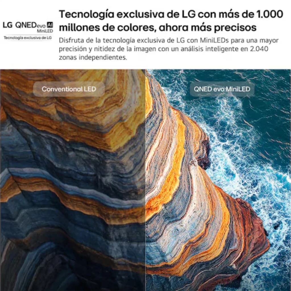 Comparativo de imagem: lado esquerdo LED convencional com cores menos nítidas; lado direito QNED MiniLED com cores vibrantes e detalhes precisos em rochas e