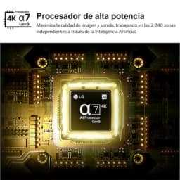 LG 65QNED81B6A Smart TV QNED Mini LED 65 4K α7 AI Gen9 com processador 4K α7 Gen9, destaque para chip iluminado e circuitos dourados brilhantes