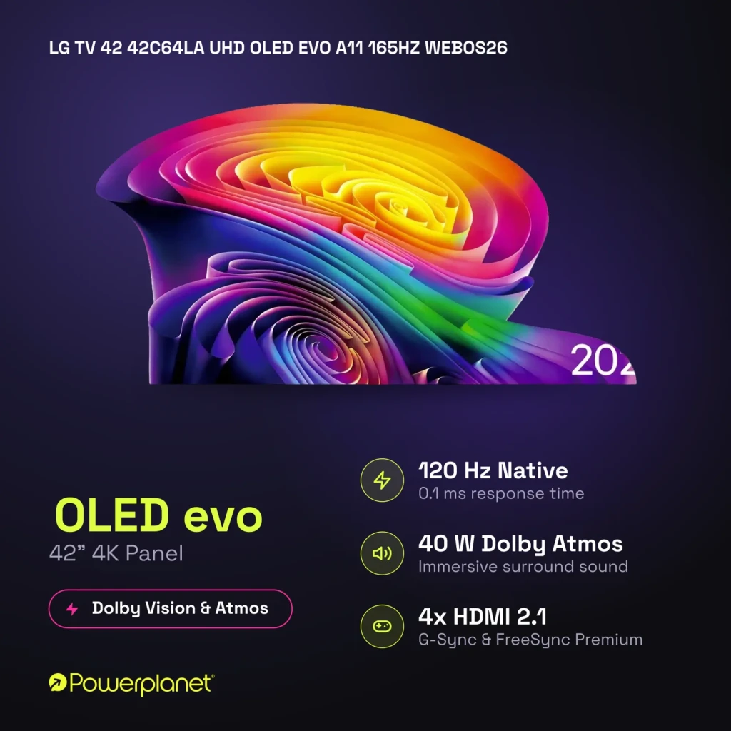 LG 42C64LA Smart TV OLED Evo 42 4K α11 AI Gen3 com tela fina sem bordas, pretos profundos, cores vibrantes e base central metálica elegante - Item6