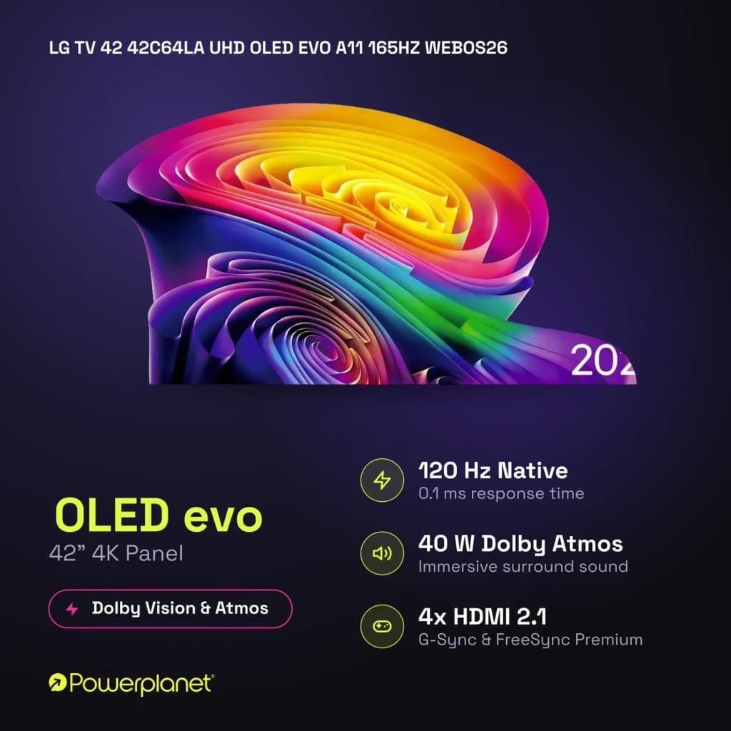 LG 42C64LA Smart TV OLED Evo 42 4K com painel OLED evo vibrante, 120 Hz, tempo de resposta 0,1 ms, α11 AI Gen3, Dolby Vision e Atmos, 4x HDMI 2.1