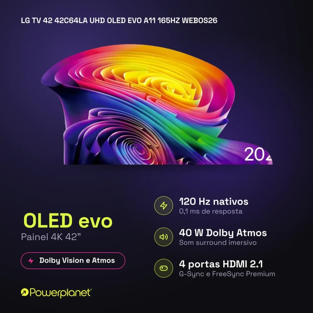 LG 42C64LA Smart TV OLED Evo 42 4K com painel vibrante, 120 Hz, resposta 0,1 ms, Dolby Vision e Atmos, 4 portas HDMI 2.1, G-Sync e FreeSync Premium