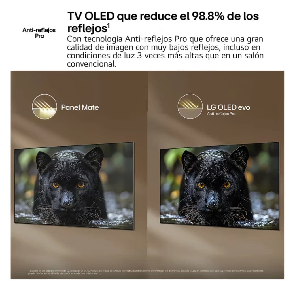 LG OLED77C64LA 77 polegadas com painel antirreflexo; comparação mostra preto profundo e detalhes nítidos do felino em ambiente iluminado com poucos reflexos