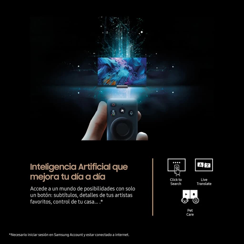 Control remoto de Samsung TQ65QN74FAT: botón de acceso a IA para buscar, traducir y controlar funciones del TV; iconos de Click to Search, Live Translate y