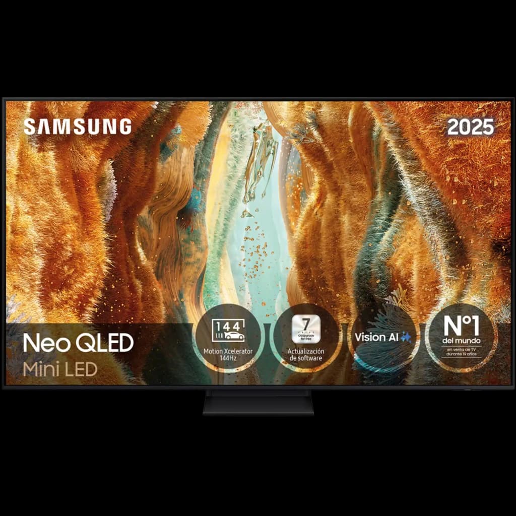 Samsung TQ65QN74FAT Smart TV Neo QLED 65 pulgadas 4K con Mini LED, bisel ultrafino negro, base central discreta y pantalla con panel de especificaciones 2025
