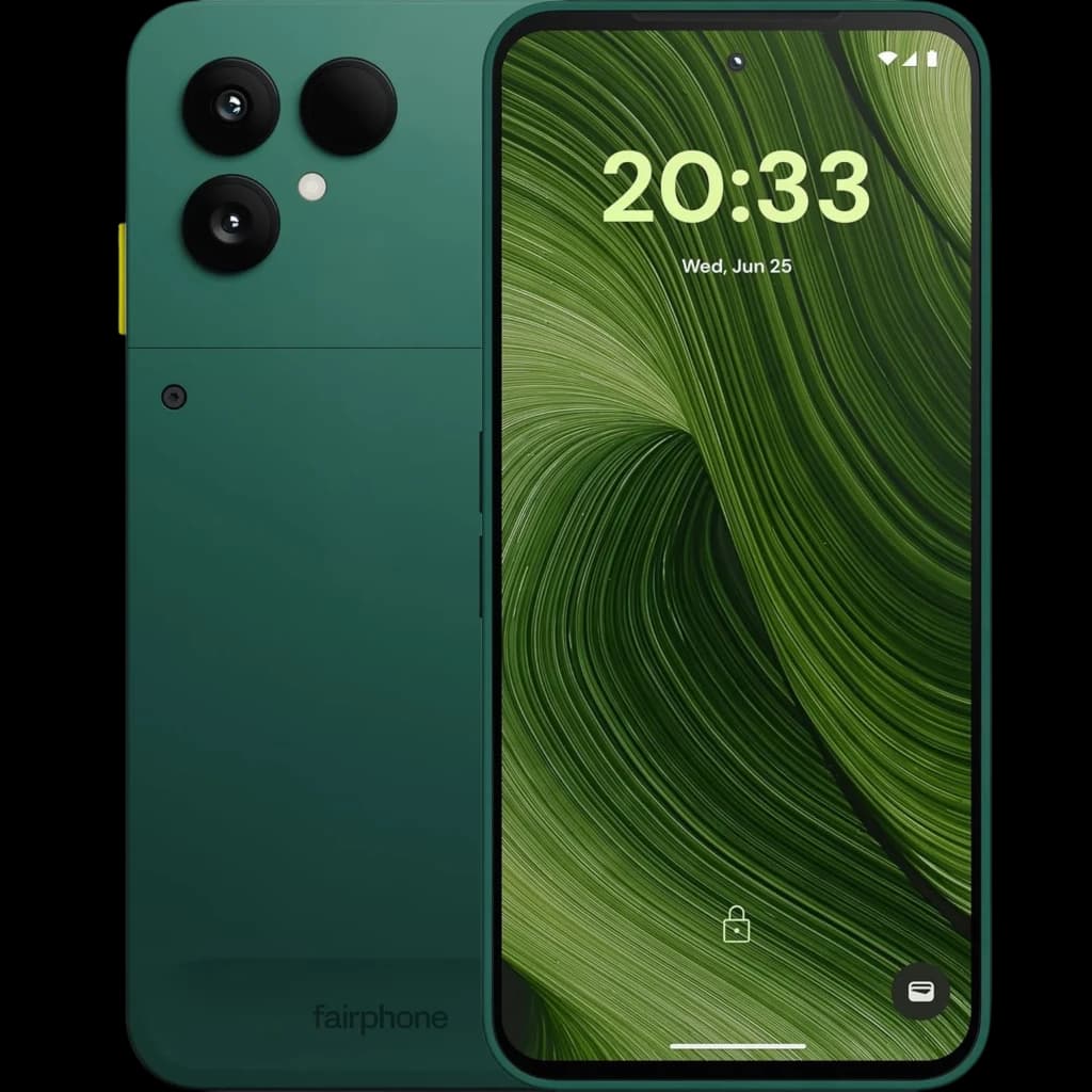 Fairphone 6 5G 256 GB Verde con pantalla 120 Hz, marco verde, módulo dual de cámaras grandes, botón lateral amarillo y frontal con biseles delgados